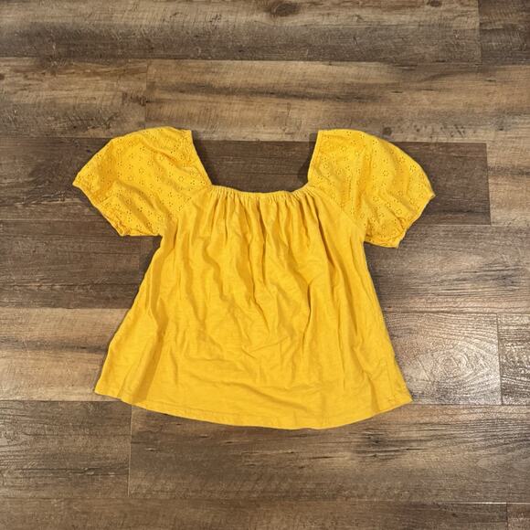 Lucky Brand Yellow Short Puff Sleeves Solid Blouse Size S Smocked Lace Eyelet - Picture 2 of 7